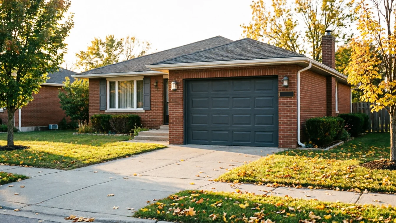 A brick house with a dark gray garage door and a green lawn.