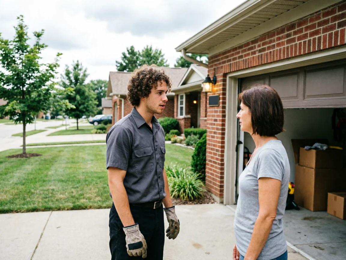 A technician wearing gloves talks to a woman in front of a brick house.