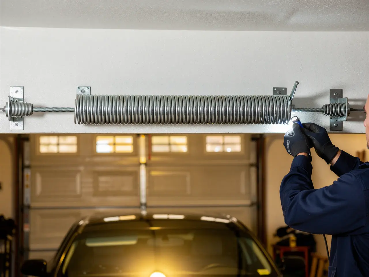 A technician works on a garage door torsion spring with a flashlight.